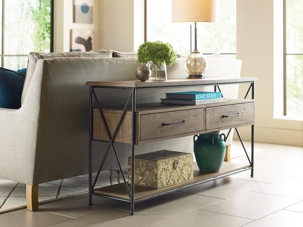 Decor pieces by Kincaid showcasing a modern sofa table.