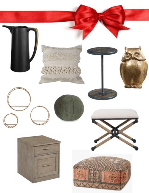 holiday decor gifts including a pillow, night stand, owl statue, and more.